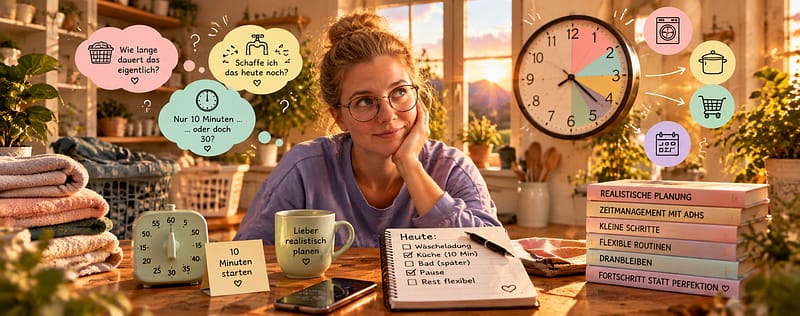 Frau mit ADHS im Haushalt bei der Zeitplanung mit Uhr, Timer und Haushaltsaufgaben